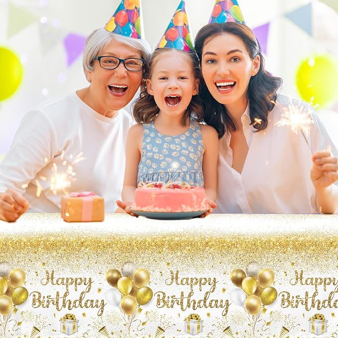 Happy Birthday Tablecloths - Gold & White Party Decorations, 3pcs Disposable Table Covers for Indoor/Outdoor Birthdays