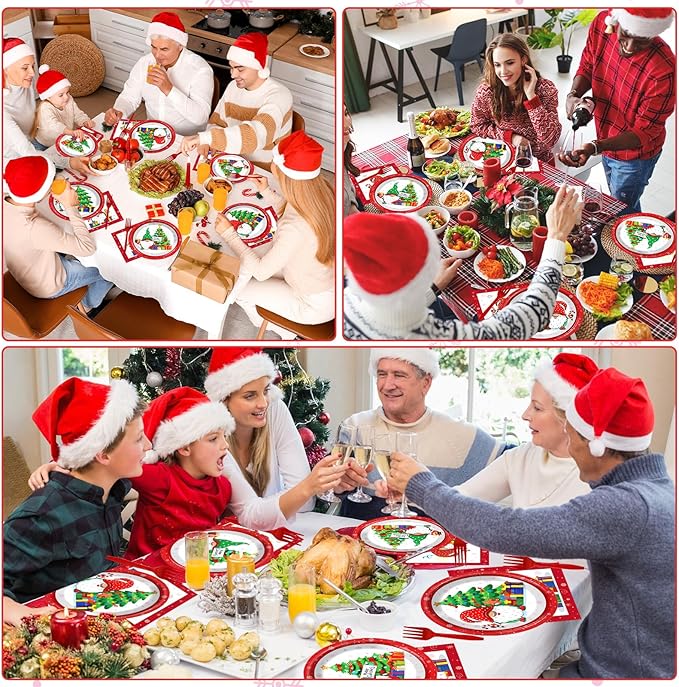 96 Pcs Christmas Party Supplies Paper Plates Napkins Merry Christmas Tree Gnome Party Disposable Tableware Set Decorations Favors for Holiday Xmas Serves 24