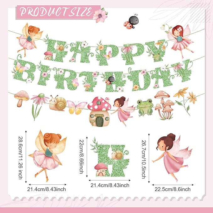 3 Pcs Fairy Birthday Party Decorations Green Glitter Happy Birthday Banner Colorful Hanging Decor Funny Banner Cutout Garland for Themed Decorations Bridal Shower Garden Party Supplies