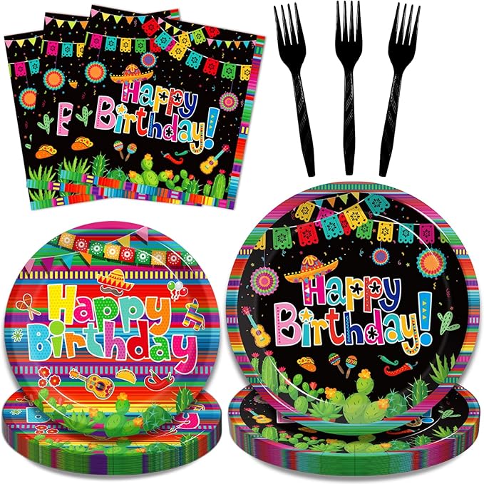 96 Pcs Mexican Birthday Party Plates, Fiesta Party Decorations Supplies Cinco De Mayo Carnival Birthday Disposable Paper Plates Napkins Colorful Stripe Serape Baby Shower Tableware, Serves 24