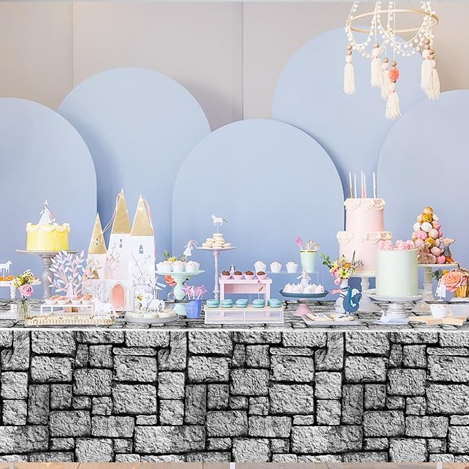 WNINK 2 Pack Stone Wall Tablecloths, Medieval Brick Stone Plastic Table Cover Decoration for Halloween Birthday Party Supplies Medieval Castle Knight Themed