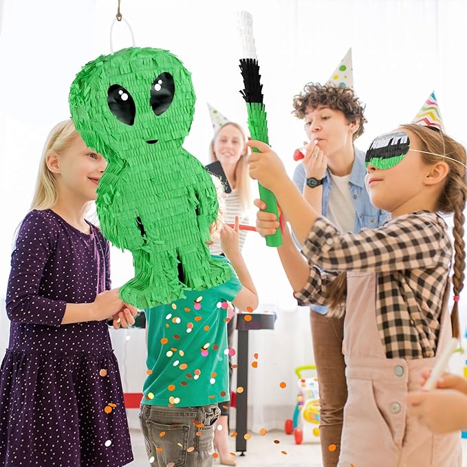 Alien Pinata with Stick and Blindfold Green Space Alien Birthday Party Decorations for Kids Boys Outer Space Theme Party Supplies