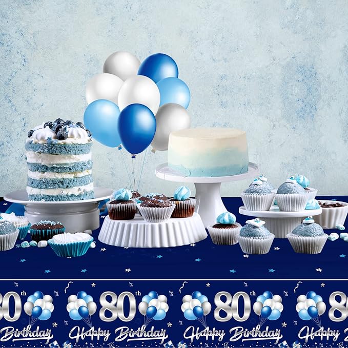 3 Pack Blue Silver 80th Birthday Tablecloth Decorations for Men, Navy Blue Happy 80 Table Cover Party Supplies, Eighty Years Birthday Disposable Rectangular Table Cloth for Indoor Outdoor