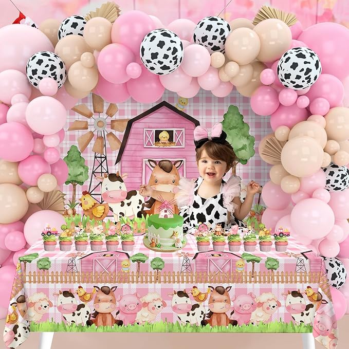 Farm Animal Themed Party Decoration for Girl,Farm Barn Animals Backdrop Banner Farmhouse Animals Decor Party Tablecloth Balloon Arch Garland Kit for Birthday Photography Baby Shower Party Supplies