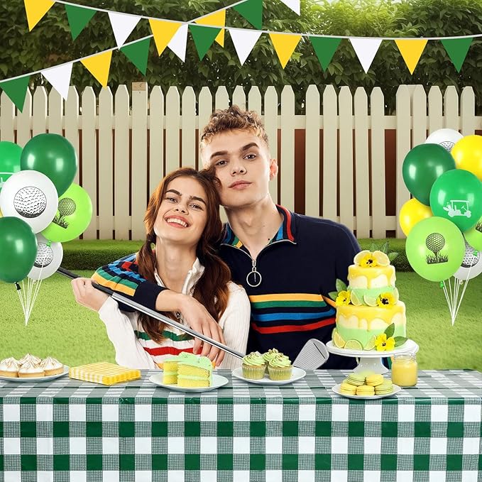 Leyndo 119 Pcs Golf Theme Party Decorations Include Yellow White Green Balloons Checkered Tablecloths Disposable Napkins Pennant Banner with Tool for Golf Summer Birthday Wedding Party Supplies