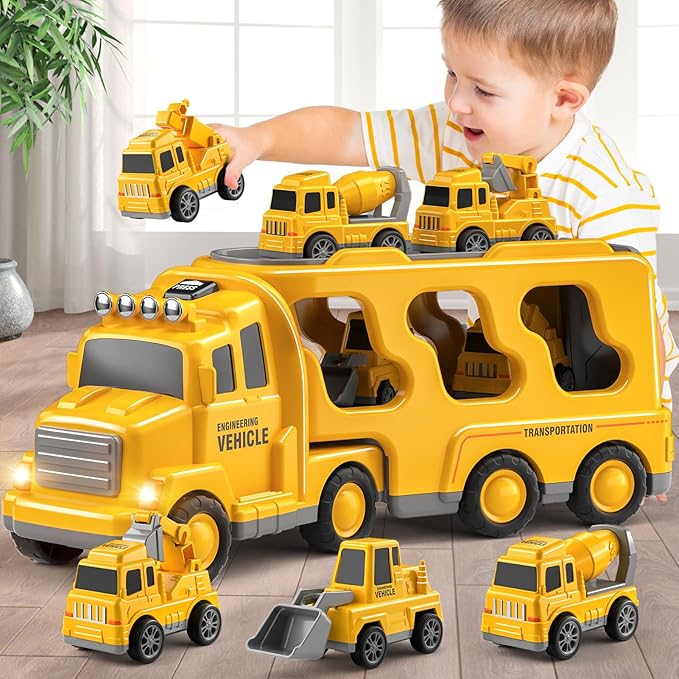 5 in 1 Construction Trucks Cars Toys for Toddlers 3-5, Boy Toddler Car Truck Toys with Light Sound, Includes Crane, Mixer, Bulldozer & Excavator, Birthday Gifts Toys for 2 3 4 5 Year Boys