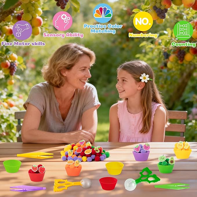 EZdhuawuse Summer Sensory Bin Fillers - 268P Summer Fruit Fine Motor Toys Counting Sorting for Kids, Color Sorting Set with Felt Banana Pom Poms Cup Clip for Preschool Education Birthday Party Favors