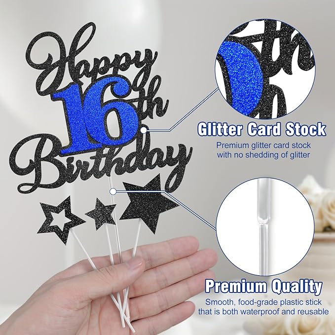 Happy 16th Birthday Cake Toppers, Black Blue Glitter Cake Decorations Set, 16th Birthday Decor, Birthday Anniversary Party Decorations Supplies