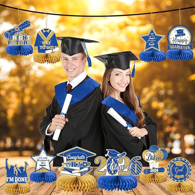 10PCS Graduation Party Decorations Class of 2026 Congrats Grad Table Centerpieces Congratulate Graduation Honeycomb Table Toppers for Graduation Party Supplies(Blue Gold)