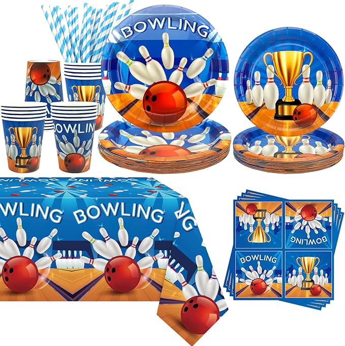 KEFAN Bowling Birthday Party Decorations, Bowling Theme Party Tableware Supplies including Plates, Cups, Napkins, Tablecloth (20)