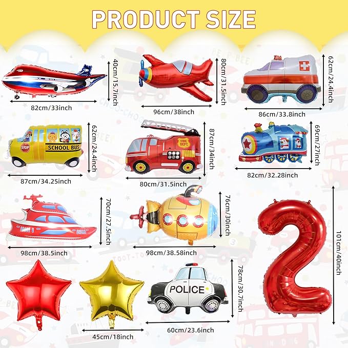 12pcs Transportation Truck Plane School Bus Fire Truck Police Car Ship Ambulance Submarine Birthday Number Foil Balloon for Transportation 2nd Birthday Vehicles Theme Party Supplies Decorations (2nd)