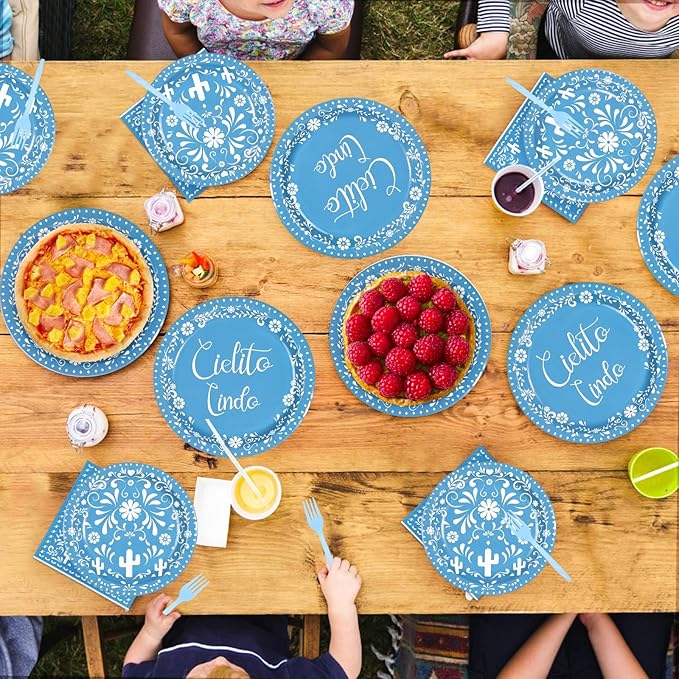 96Pcs Blue Cielito Lindo Party Decorations Mexican Fiesta Baby Shower Plates and Napkins Set Mexico Talavera Decorations for Boys Cinco De Mayo Mexican Gender Reveal Birthday Party Supplies Serves 24