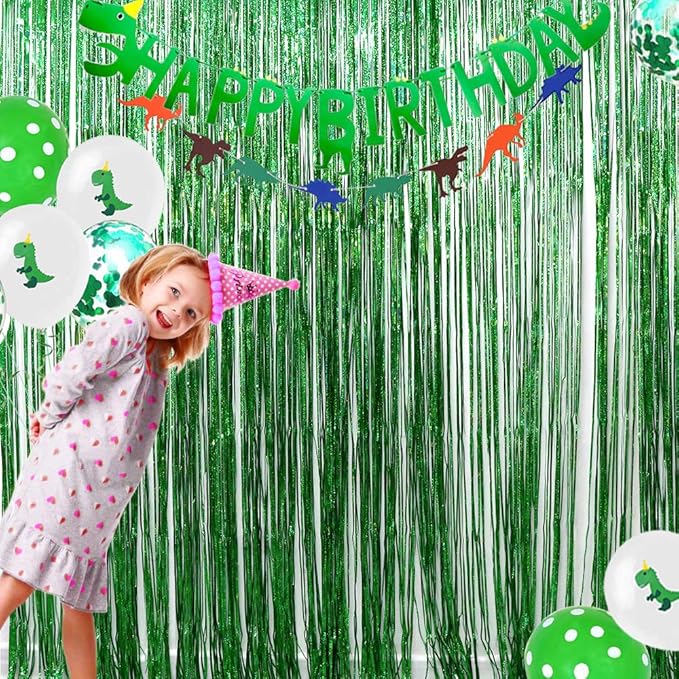 Iridescent Foil Fringe Curtains Rainforest Jungle Theme Party Supplies Birthday Wedding Party Window Door Decorations Fun Photo Booth Backdrop Props(2 Packs, (W) 3.28*(H) 6.56 Ft, Green)