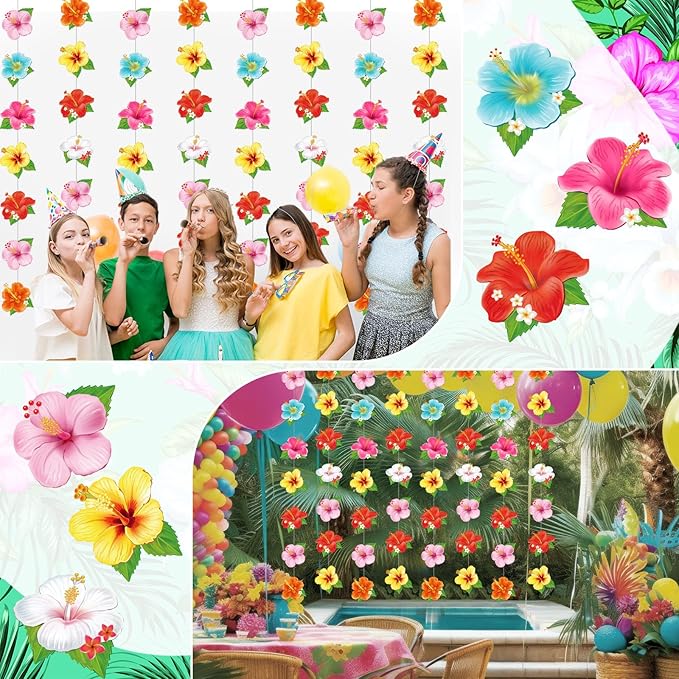 8 Pcs Hawaiian Luau Party Decorations Hibiscus Flower Birthday Hanging Garlands Banner Tropical Hawaiian Paper Cutouts Streamer for Wall Ceiling Decor Summer Aloha Beach Pool Party Supplies