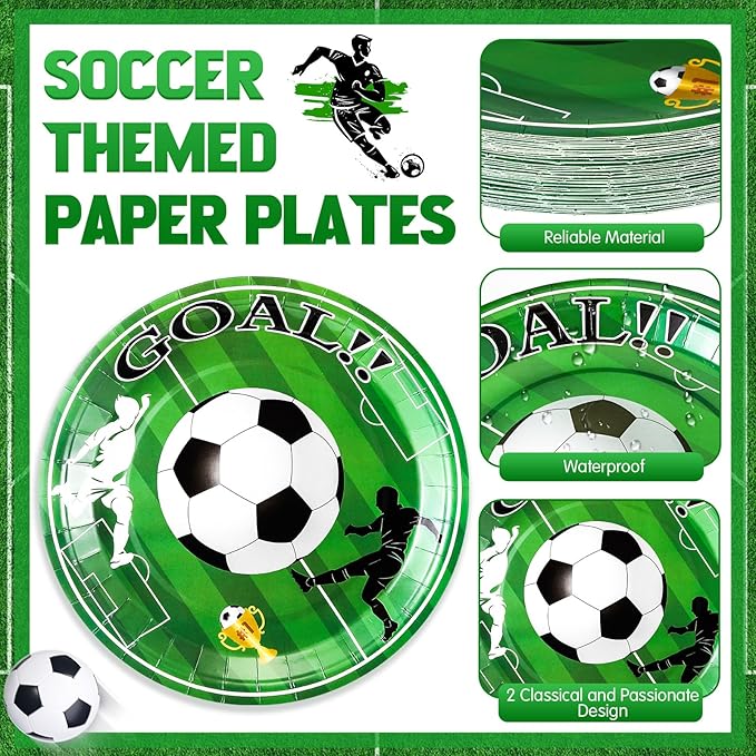 Domensi 200 Pcs Soccer Birthday Party Supplies for 50 Guests Includes 7 Inch 9 Inch Soccer Paper Plate 9 oz Disposable Cups and Napkins for Soccer Party Tableware Set