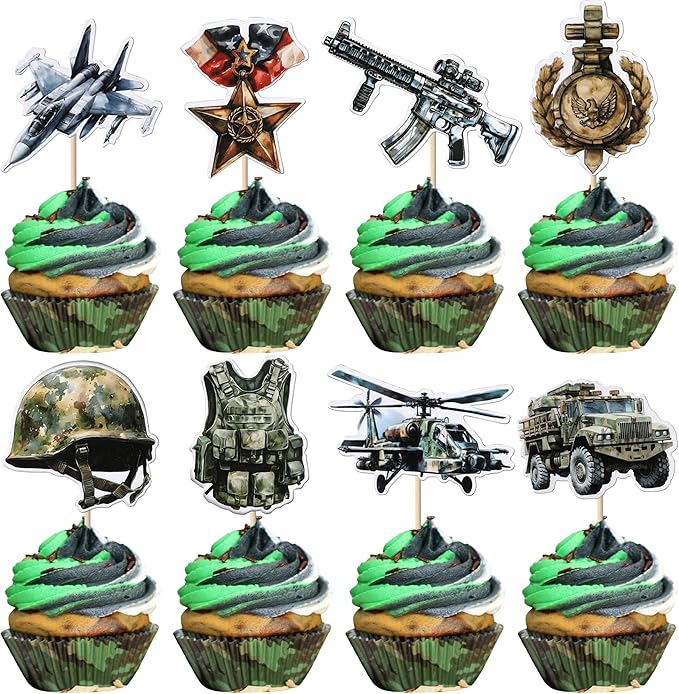 40 Pack Military Cupcake Toppers Airplane Car Military Happy Birthday Cupcake Pick Kids birthday Army Baby Shower Military Fan Cupcake Decorations Party Supplies