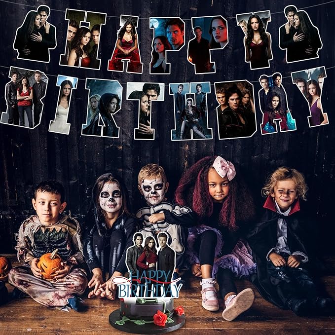 The Vampire Diaries Party Decorations,Birthday Party Supplies For Party Supplies Includes Banner - Cake Topper - 24 Cupcake Toppers - 18 Balloons-6 Swirls