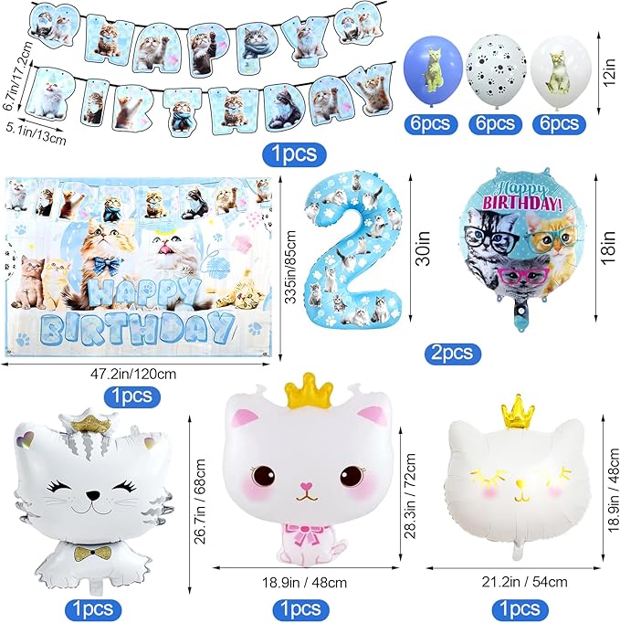 142Pcs Cat Birthday Decorations, Cat 2nd Birthday Party Supplies, Cat Birthday Party Decorations Include Plates Cups Napkins Tablecloth Balloons Cake Toppers for Kids Party