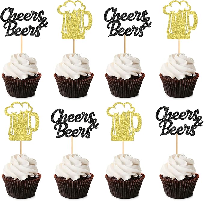 Ercadio 24 PCS Beer Party Cupcake Toppers Cheers and Beers Happy Birthday Decor for Father's Day Whiskey Beer Cake Topper Favor for Summer Family Party Decor Supplies