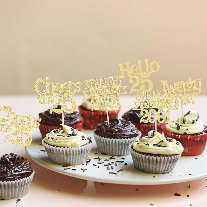 Ephlyn 24Pcs 25th Birthday Cupcake Toppers Glitter Straight Outta 2001 Cupcake Picks Hello 25 Cheers to 25 Years Cake Decorations for 25th Birthday Anniversary Party Decorations Supplies Gold