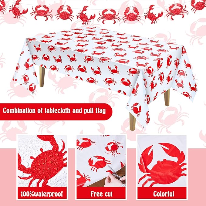 Juexica 4 Pcs Crab Boil Party Decorations 54 x 108 Inch Plastic Crab Table Cloth and 5.91 Ft Banners for Seafood Boil Party Supplies Crawfish Feast Birthday Ceiling Decorations Table Centerpiece