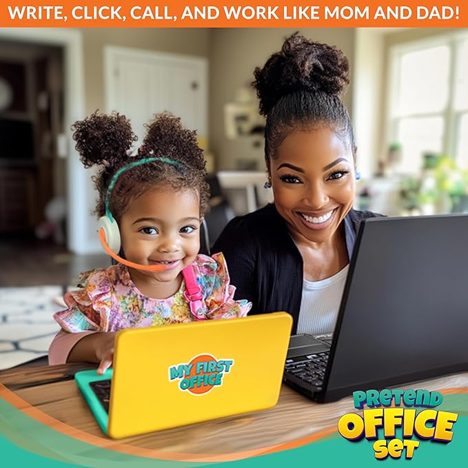 Pretend Play Home Office Set for Kids Ages 3-5-7 | Features Toy Laptop Computer, LCD Writing Tablet, Pop Fidget Calculator, Cell Phone, Headset & Toddlers Beverage Cup