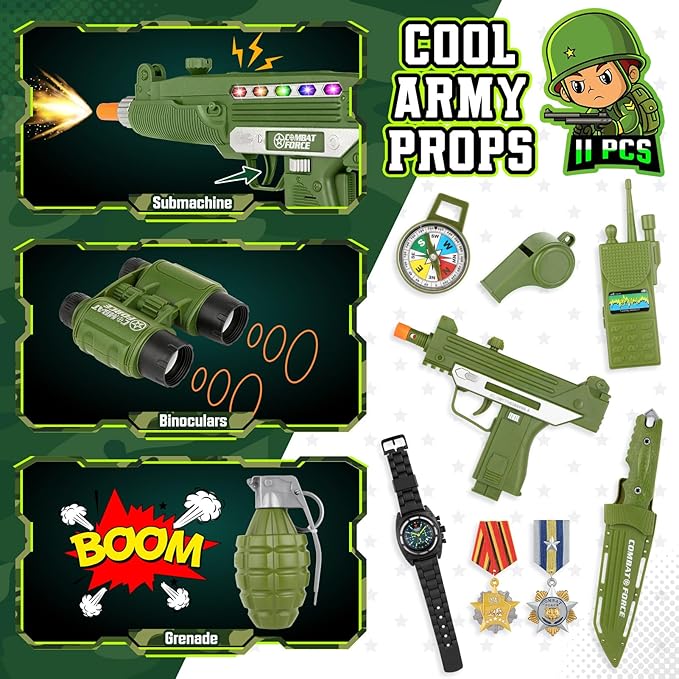 GIFTINBOX Army Costume for Kids, 15PCS Soldier Military Costume Dress Up Role Play Set with Army Accessories, Halloween Costumes for Boys 3-13, Halloween Birthday Gift for Kid