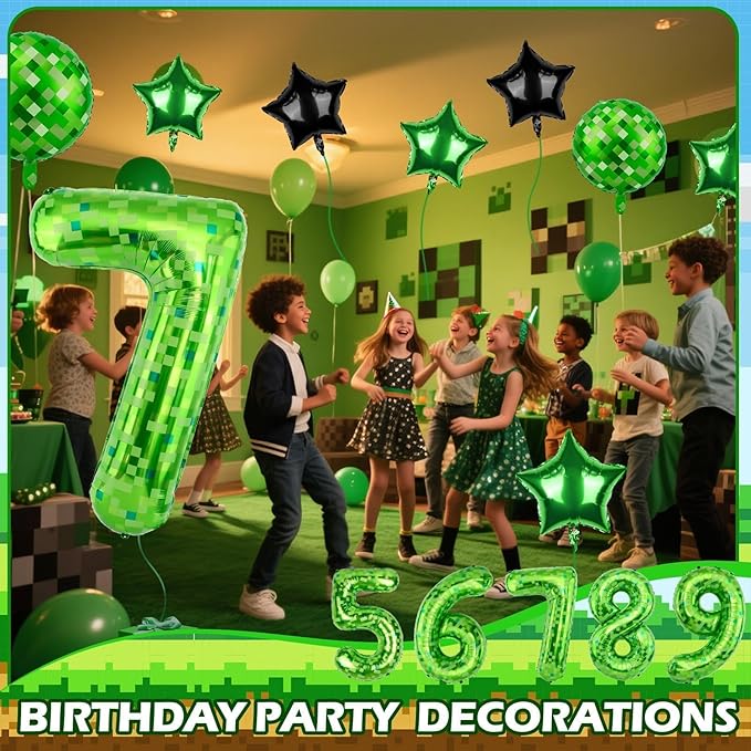 40 Inch Green Pixel Themed Number 7 Balloon Set Foil Balloon for Girls & Boys Birthday Party Decorations, Party Supplies & Favors (Number 7)