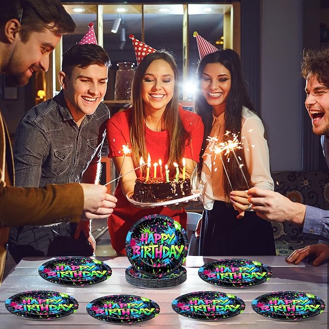 60PCS Neon Birthday Party Plates Glow Happy Birthday Party Supplies 7Inch Neon Dessert Plates Tableware Supplies Disposable Glow in the Dark Colorful Graffiti Dinnerware for K-Pop Parties Favors