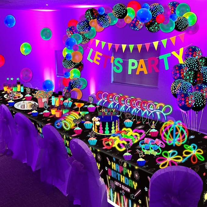 255 PCS Glow Neon Party Supplies Glow Sticks Party Decorations Black Light Reactive Decor Set - Fluorescent Banner, Glows in The Dark Balloons, Neon Tablecloths, Cake Toppers, Light Up Sticks, Glasses