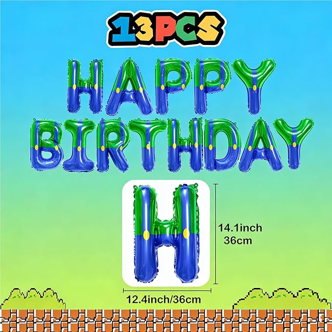 YIIHMEI Super Bros Happy Birthday Banner Party Decorations Balloons with Green Blue Cartoon Game Characters Theme Style Letters Signs Party Supplies for Boy's