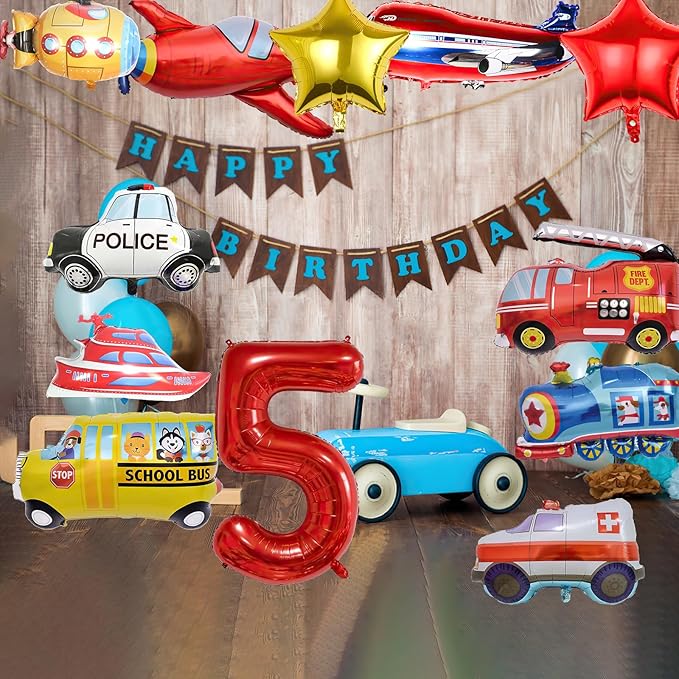 12pcs Transportation Balloons, Truck Plane School Bus Fire Truck Police Car Ship Ambulance Submarine Foil Balloon, Transportation 5th Birthday Vehicles Theme Party Supplies Decorations (5th)