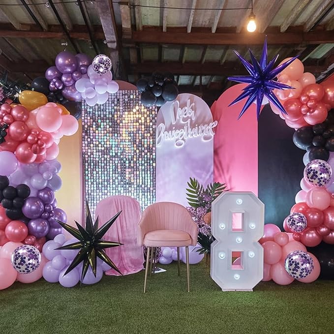Pink and Purple Balloon Garland Arch Kit, Black Purple Pink Metallic Confetti Latex Party Balloons with Explosion Star Foil Balloon for Girls Bridal Baby Shower Wedding Birthday Party Decorations