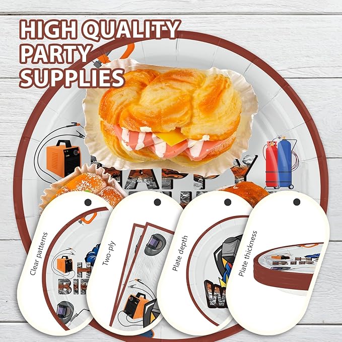 96 Pcs Electric Welding Birthday Party Decorations Welder Happy Birthday Plates and Napkins Disposable Electrician Theme Tableware for Welding Workers Repairman Party Supplies Serves 24