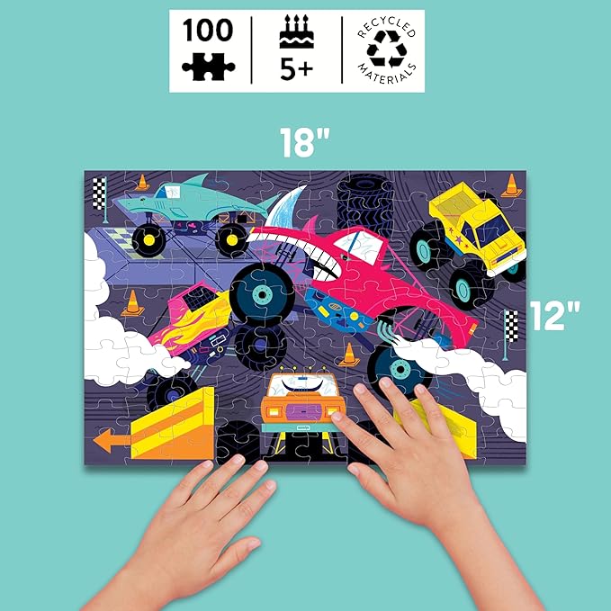 Mudpuppy Monster Trucks – 100 Piece Glow in The Dark Jigsaw Puzzle with an Exciting Scene of Trucks and Cars Racing and Hidden Speedy Details in The Dark