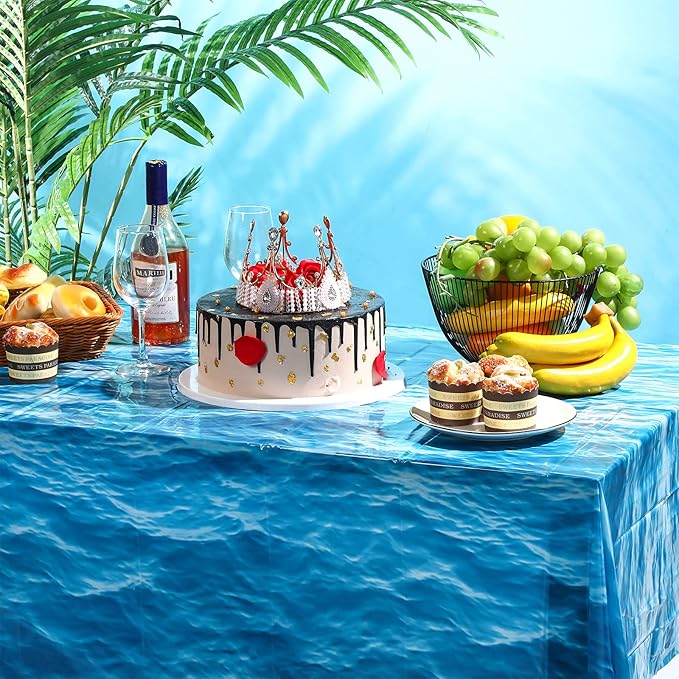 Irenare 3 Pieces Ocean Waves Plastic Tablecloth 54 x 108 Inch Ocean Table Cover Water Print Table Cover Sea Tablecloth Blue for Beach Pool Birthday Party Decoration Shower Supplies