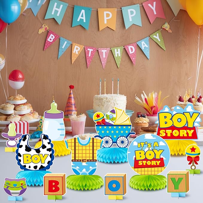 Boy Story Honeycomb Centerpieces - 12PCS Boy Story Baby Shower Party Honeycomb Centerpieces Baby Boys Party Table Decoration It’s a Boys Stories Table Topper for Birthday Party Supplies