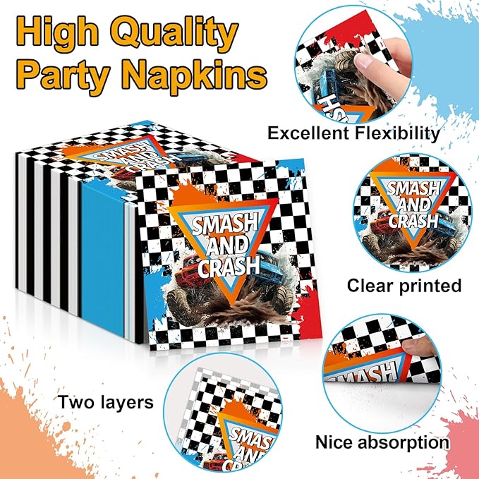 CHUNNIN 50Pcs Monster Truck Party Plates and Napkins Racing Car Party Decorations Monster Truck Disposable Race Car Tableware Set Serves 25 Guest Dinnerware Kids Boys Birthday Baby Shower Supplies