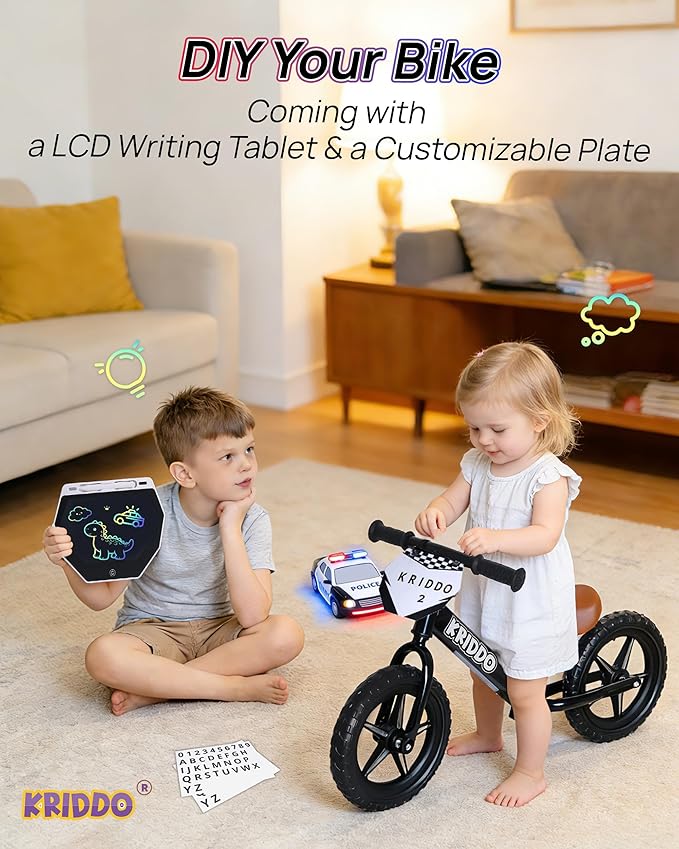 KRIDDO Toddler Balance Bike 2 Years Old, 12-Inch Colorful Lighting-Up Push Bicycle with LCD Writing Tablet, Steady Balancing, Gift Bike for 2-5 Boys Girls, LED-Black