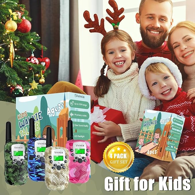 Vvinca Walkie Talkies for Kids Rechargeable 4 Pack, 3 Mile Walkie Talkie Long Range, Christmas Birthday Gift for Age 3-12 Boy Girl with Flashlight 22CH 2 Way Radio for Adventure Camping Outdoor Hiking