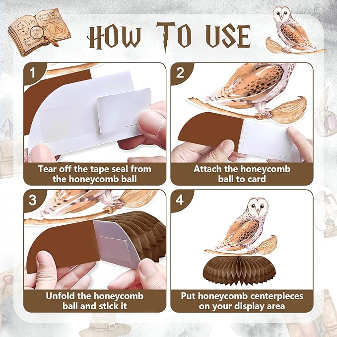 Magical Wizard Birthday Decorations 8Pcs Magic School Witch Wizard Honeycomb Centerpieces Vintage Castle Owl Table Topper Decor for Magical Baby Shower Party Supplies