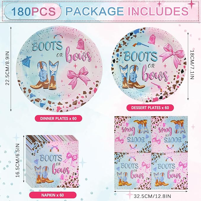 180Pcs Boots Bows Gender Reveal Birthday Party Supplies Serves 60，Gender Reveal themed Party Paper Plates and Napkins Set for Baby Shower Cowboy Boy or Girl Birthday Party Decorations.