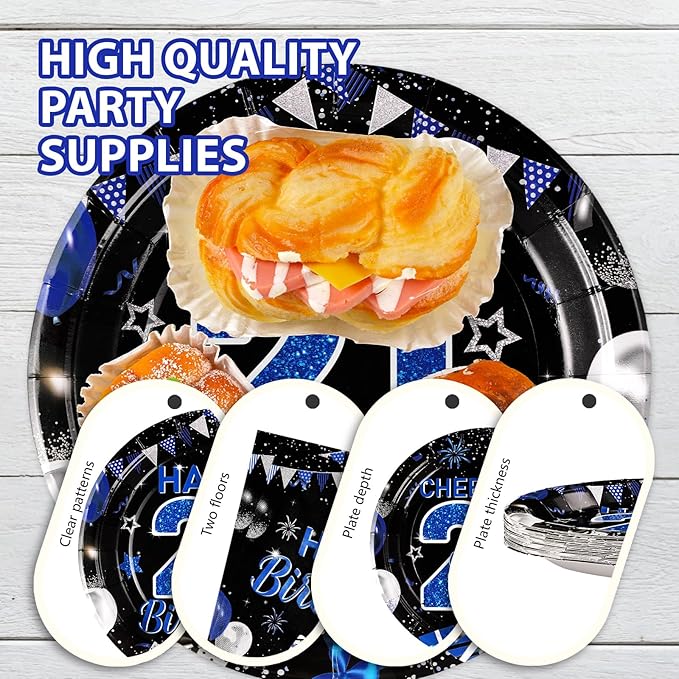 Grencian 96Pcs 21st Birthday Decorations Blue Black 21st Birthday Plates and Napkins Cheers to 21 Tableware Set for 21 Years Old Boys Girls Legal Birthday Celebration Party Supplies, Serves 24