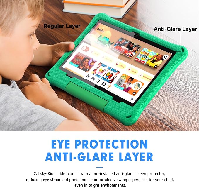 Kids Tablet: 10 Inch Android 15 Tablet for Kids, 64GB Octa-Core 6000mAh Battery, WiFi 6, Pre-Installed Kids Apps, Parental Control with EVA Protective Case - Ideal Gift for Toddler, Green