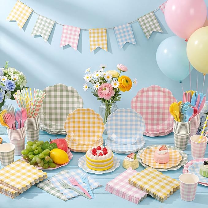 450 Pcs Gingham Tableware Set Decorations Pastel Plaid Paper Plates Napkins Cups Cutlery Straws Checkered Dinnerware Set for Easter Baby Shower BBQ Picnic Birthday Party Supplies, Serves 50