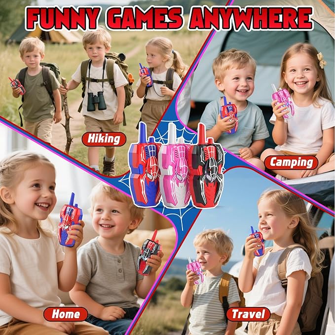 3 Pack Walkie Talkies for Kids, Spider Toys 2 Pack Outdoor 2 Way Radio Toy Gifts Camping Brithday Gift Walkie Talkies for 3 4 5 6 7 8 9 10 Year Old Boys