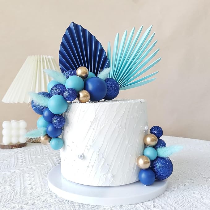 38 PCS Balls Cake Toppers Palm Leaves Cake Decorations for Birthday Wedding Baby Shower Party Supplies (Blue)