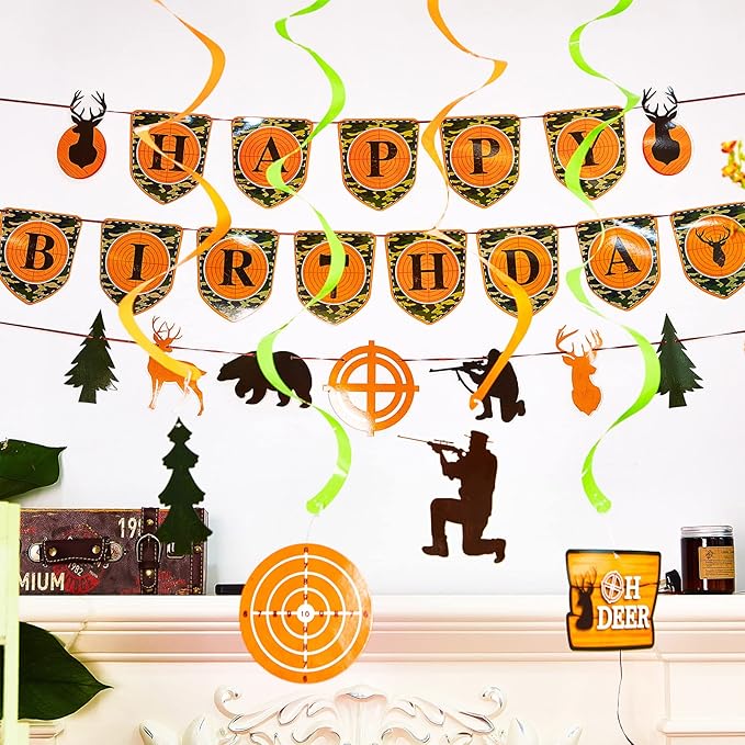 Dianelhall 62 Pcs Hunting Birthday Party Decorations Camo Deer Hunting Birthday Decorations Include Banner Camo Cupcake Toppers Swirls Deer Decoration for Baby Shower Gone Huntings Party Supplies