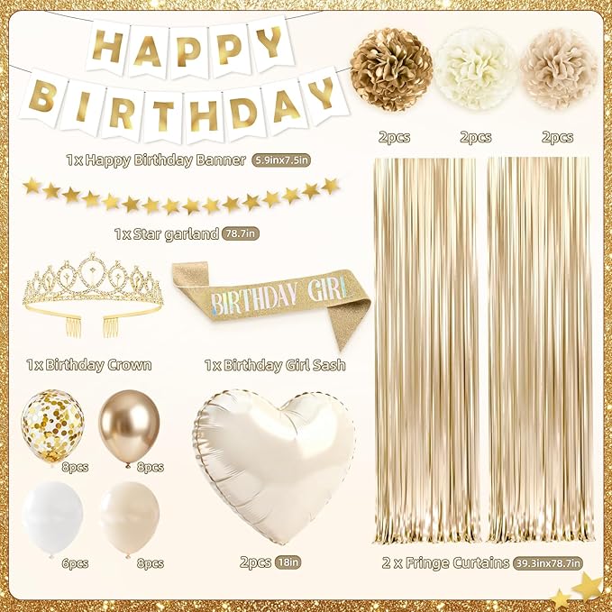 Golden Birthday Party Decorations for Women Girls , 46Pcs Gold Birthday Decorations Include Birthday Girl Sash Crown Fringe Curtain Balloons for Women Girls Party Supplies