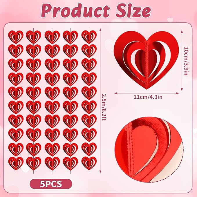MARFOREVER 41 Ft 3D Red Heart Paper Garland, Pre-Strung 5 Pack Valentines Decorations Heart Shape Banner Valentine Hanging Streamers for Valentine's Day Wedding Engagement Bridal Shower Party Decor